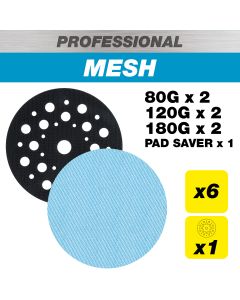 AB/125/M7/P - 125mm 80G/120G/180G Pro Mesh Sanding Discs with Pad Saver, 7 Pack