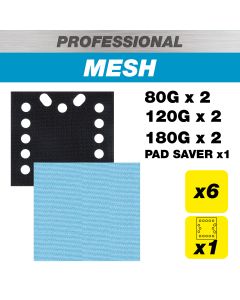 AB/QTR/M7/P - 115 x 107mm 80G/120G/180G Pro Mesh Quarter Sheet Sanding Pads with Pad Saver, 7 Pack