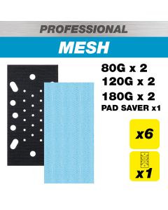 AB/THD/M7/P - 93 x 185mm 80G/120G/180G Pro Mesh Third Sheet Sanding Pads with Pad Saver, 7 Pack