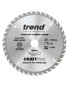 CSB/16540T - Trend Craft Pro 165mm diameter 20mm bore 40 tooth fine finish cut thin kerf saw blade for cordless circular saws