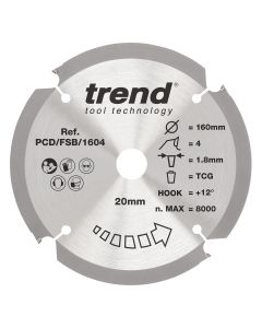 PCD/FSB/1604 - Trend PCD Fibre Cement Circular Saw Blade 160mm x 20mm x 4T